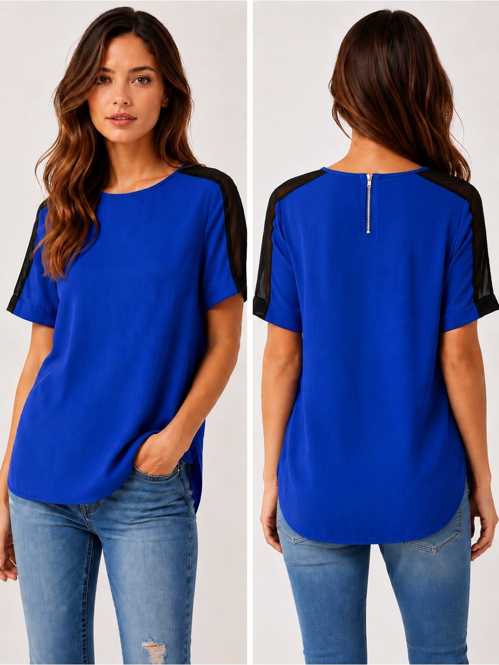Zara Woman Royal Blue Short Sleeve Top Sheer Black Mesh Sleeves High Low Scoop